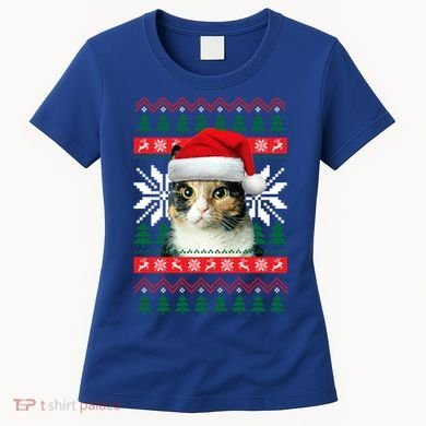 Calico Cat Ugly Christmas Sweater Style Santa Hat Kitty Mom Gift Women's T-Shirt
