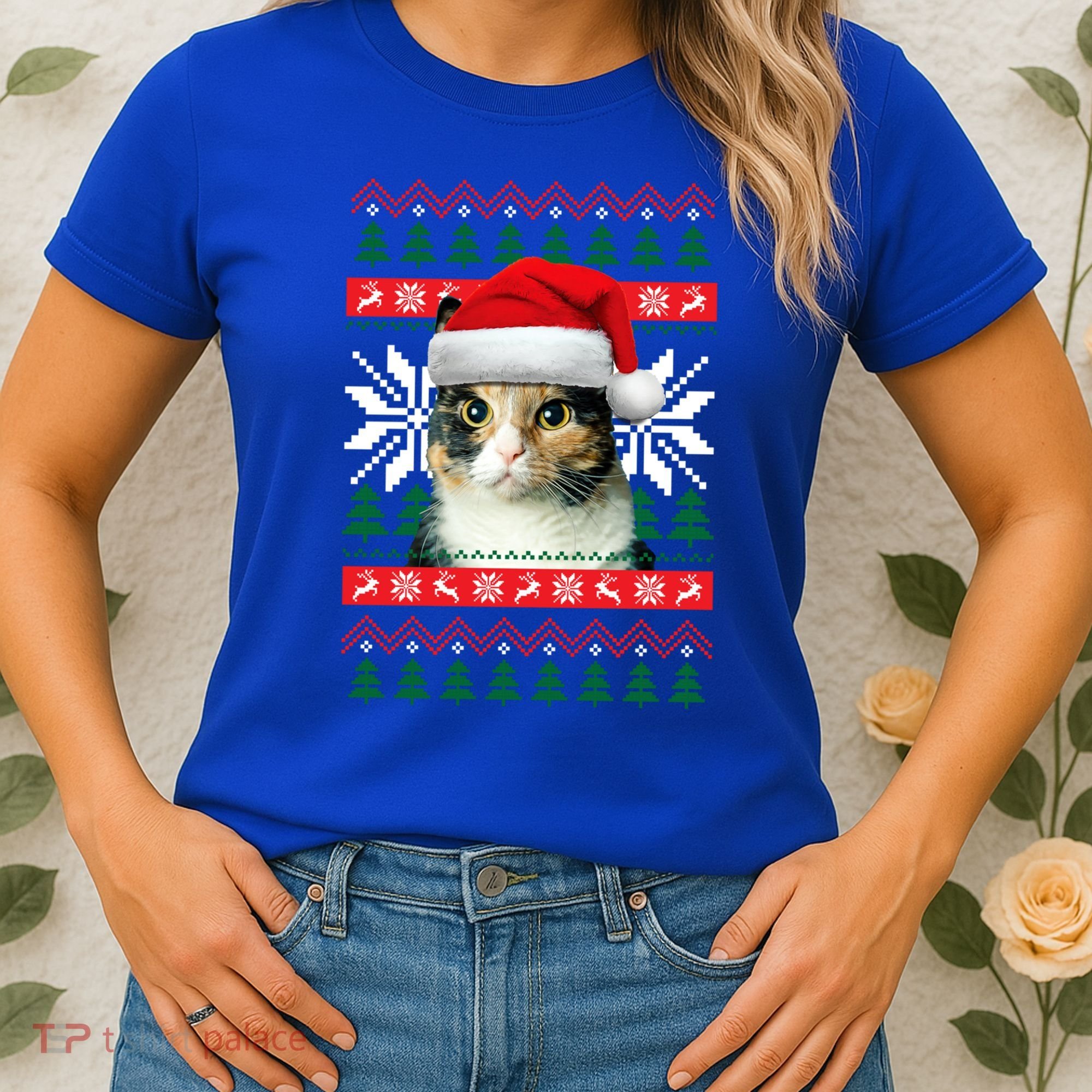Calico Cat Ugly Christmas Sweater Style Santa Hat Kitty Mom Gift Women's T-Shirt