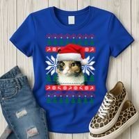 Calico Cat Ugly Christmas Sweater Style Santa Hat Kitty Mom Gift Women's T-Shirt thumb 3