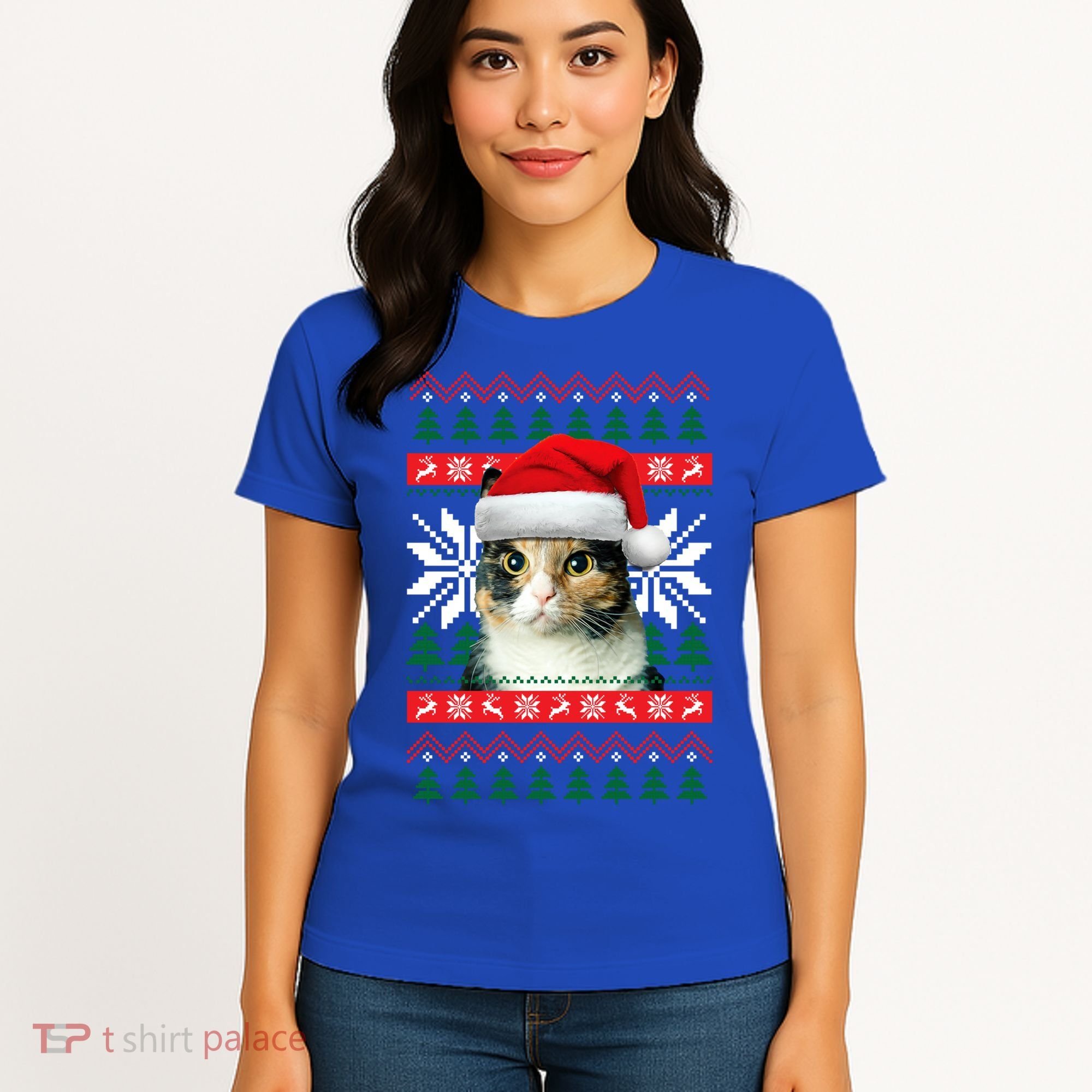 Calico Cat Ugly Christmas Sweater Style Santa Hat Kitty Mom Gift Women's T-Shirt