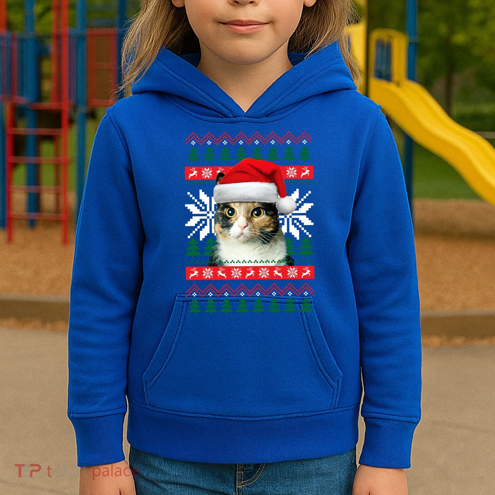 Calico Cat Ugly Christmas Sweater Style Santa Hat Kitty Mom Gift Kids Hoodie