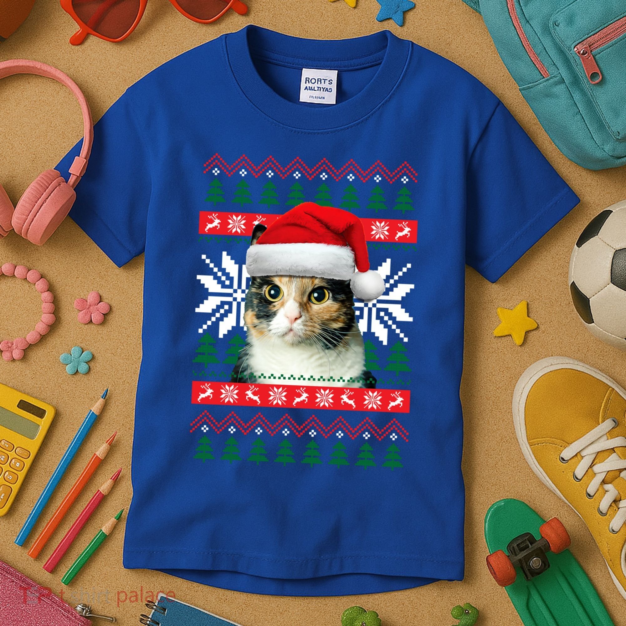 Calico Cat Ugly Christmas Sweater Style Santa Hat Kitty Mom Gift Kids T-Shirt