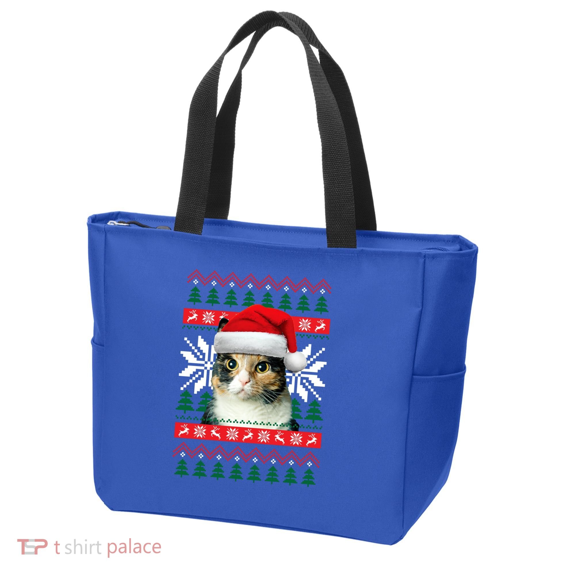 Calico Cat Ugly Christmas Sweater Style Santa Hat Kitty Mom Gift Tote Bag