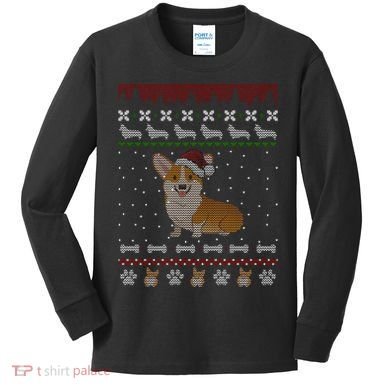 Cute Corgi Ugly Christmas Sweater Design Kids Long Sleeve Shirt