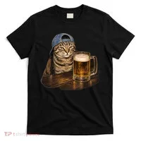 Cool Cat with Beer and Cap Fun Graphic T-Shirt thumb 0