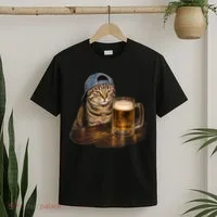 Cool Cat with Beer and Cap Fun Graphic T-Shirt thumb 2