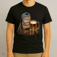 Cool Cat with Beer and Cap Fun Graphic T-Shirt thumb 3
