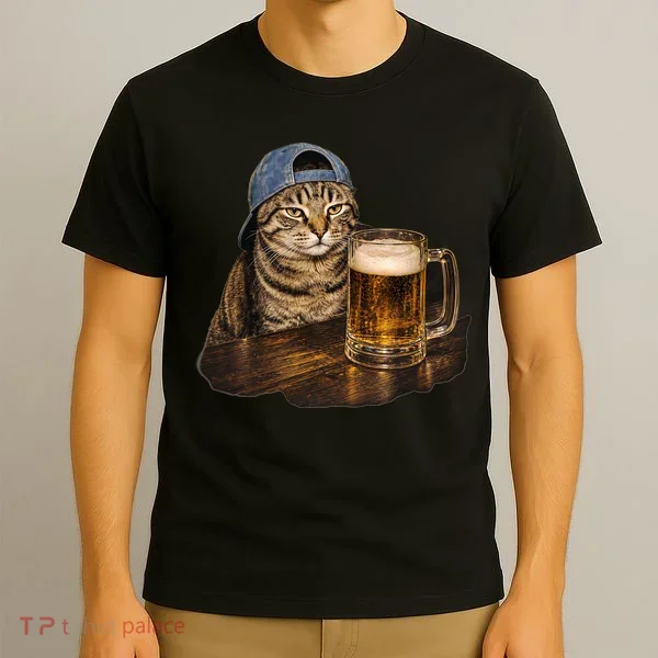 Cool Cat with Beer and Cap Fun Graphic T-Shirt
