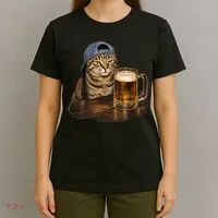 Cool Cat with Beer and Cap Fun Graphic T-Shirt thumb 4