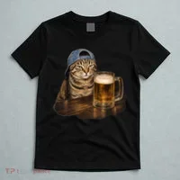 Cool Cat with Beer and Cap Fun Graphic T-Shirt thumb 5