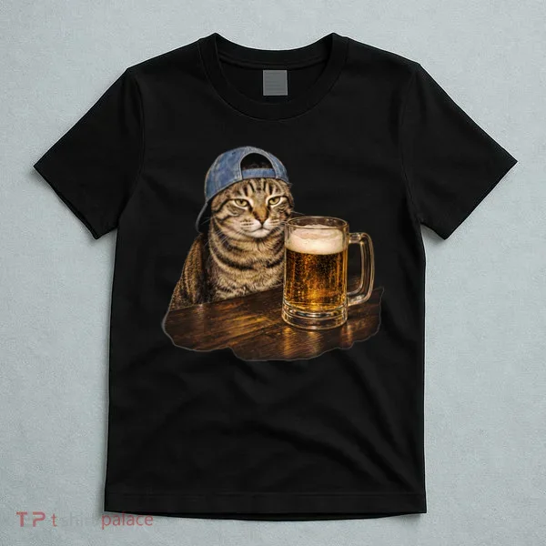 Cool Cat with Beer and Cap Fun Graphic T-Shirt