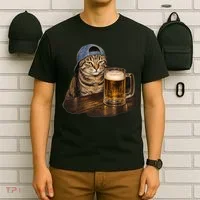 Cool Cat with Beer and Cap Fun Graphic T-Shirt thumb 6