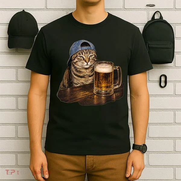 Cool Cat with Beer and Cap Fun Graphic T-Shirt