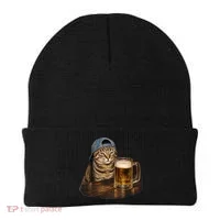Cool Cat with Beer and Cap Fun Graphic Beanie thumb 0