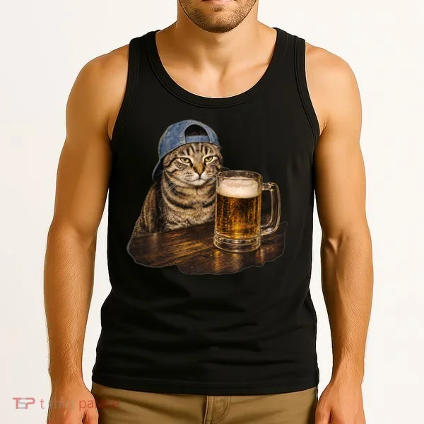 Cool Cat with Beer and Cap Fun Graphic Tank Top