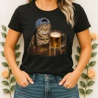 Cool Cat with Beer and Cap Fun Graphic Women's T-Shirt thumb 2