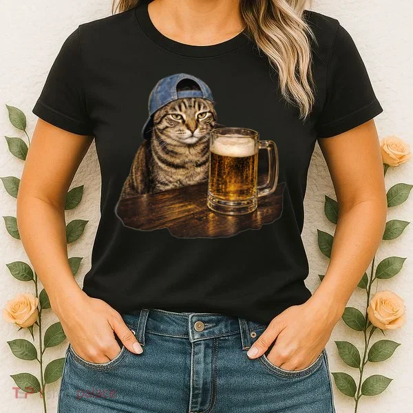 Cool Cat with Beer and Cap Fun Graphic Women's T-Shirt