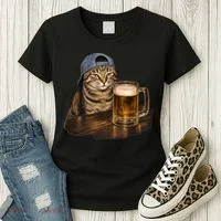 Cool Cat with Beer and Cap Fun Graphic Women's T-Shirt thumb 3