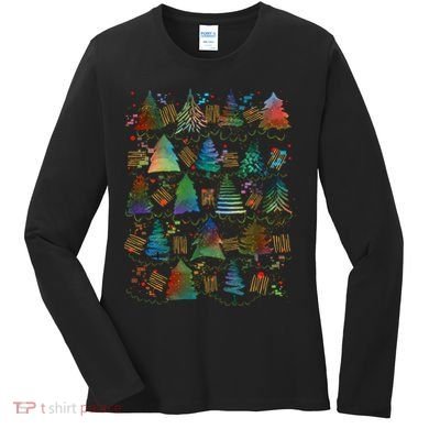 Colorful Christmas Watercolor Tree Pattern Women's Long Sleeve Shirt