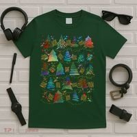 Colorful Christmas Watercolor Tree Pattern T-Shirt thumb 5