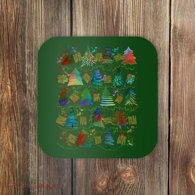 Colorful Christmas Watercolor Tree Pattern Coaster