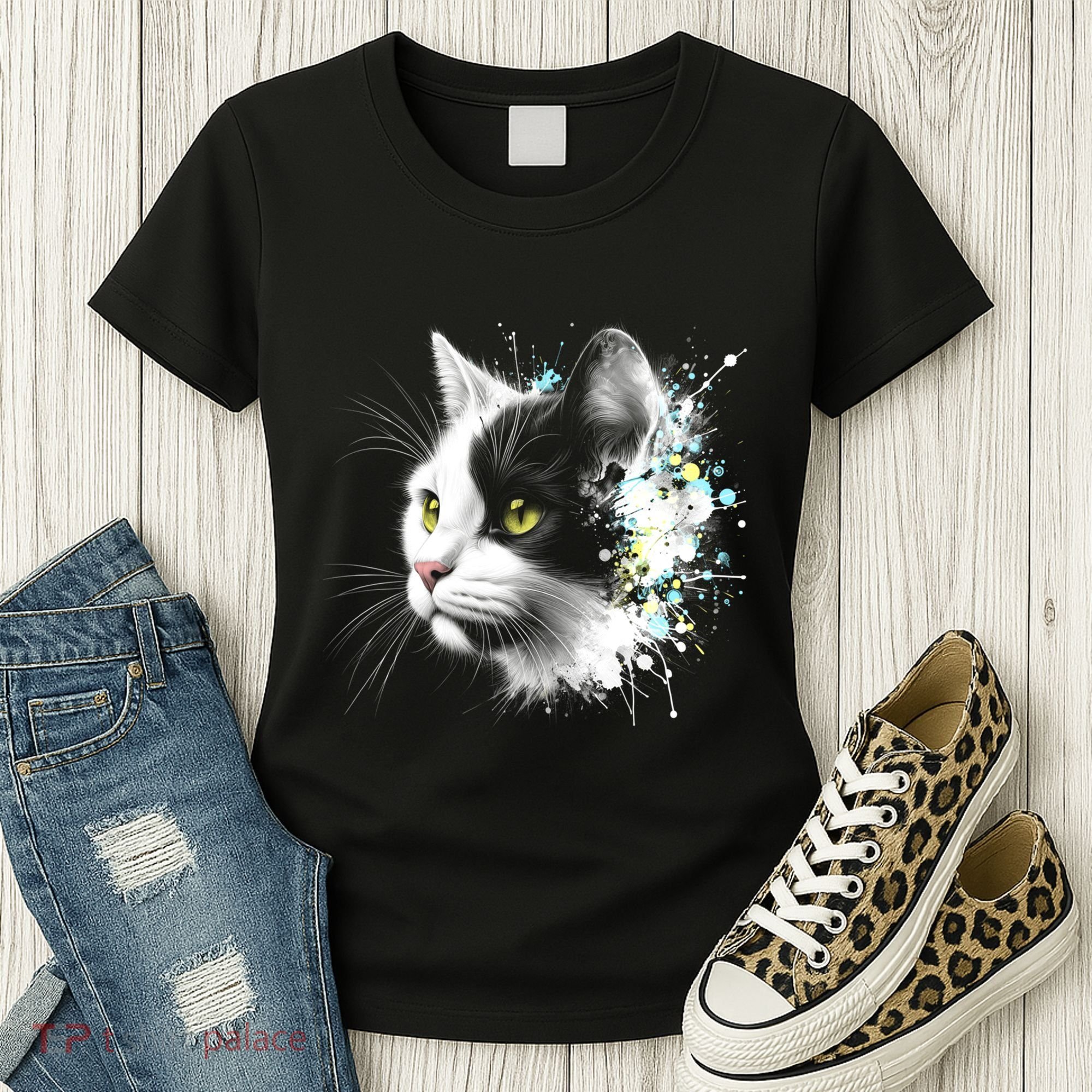 Cute Cat With Cool Eyes And Paint Splash Funny Gift Women's T-Shirt