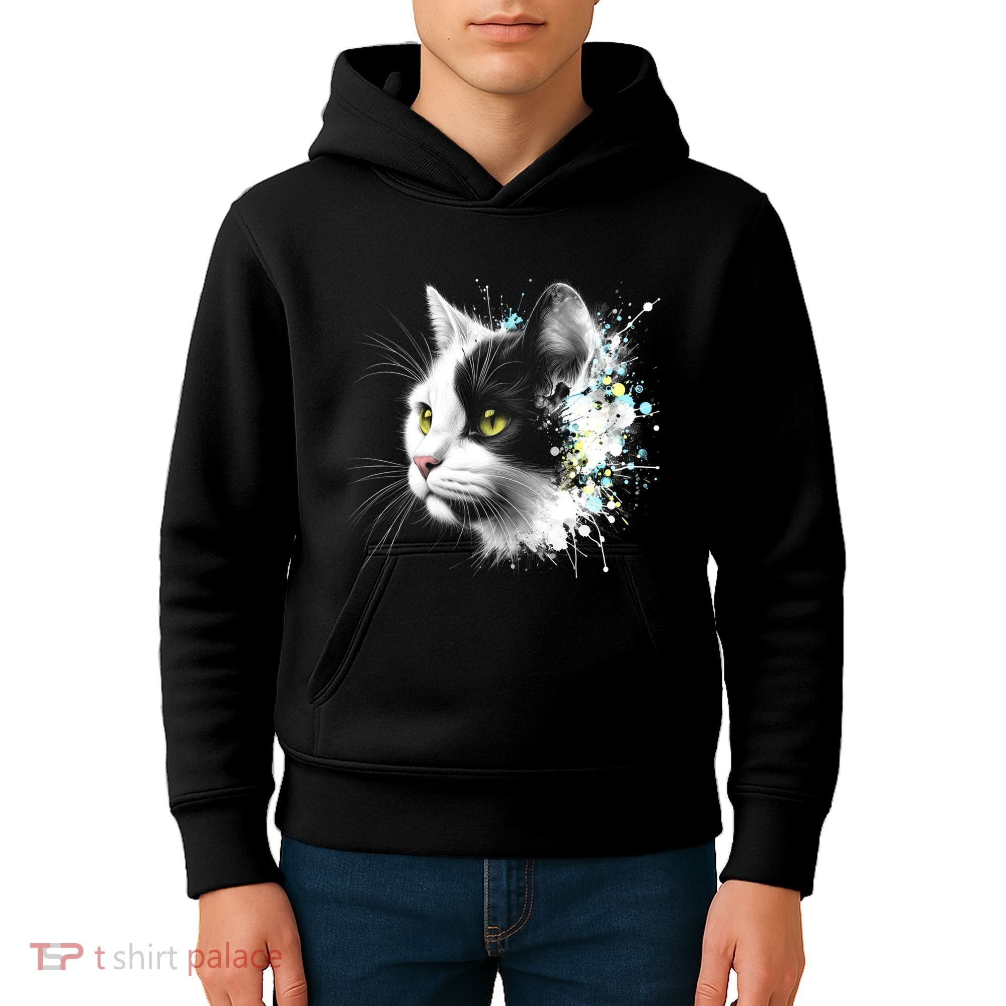 Cute Cat With Cool Eyes And Paint Splash Funny Gift Kids Hoodie