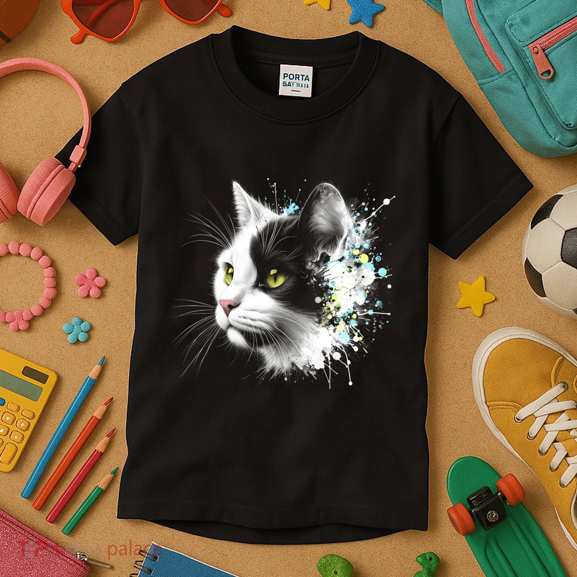 Cute Cat With Cool Eyes And Paint Splash Funny Gift Kids T-Shirt