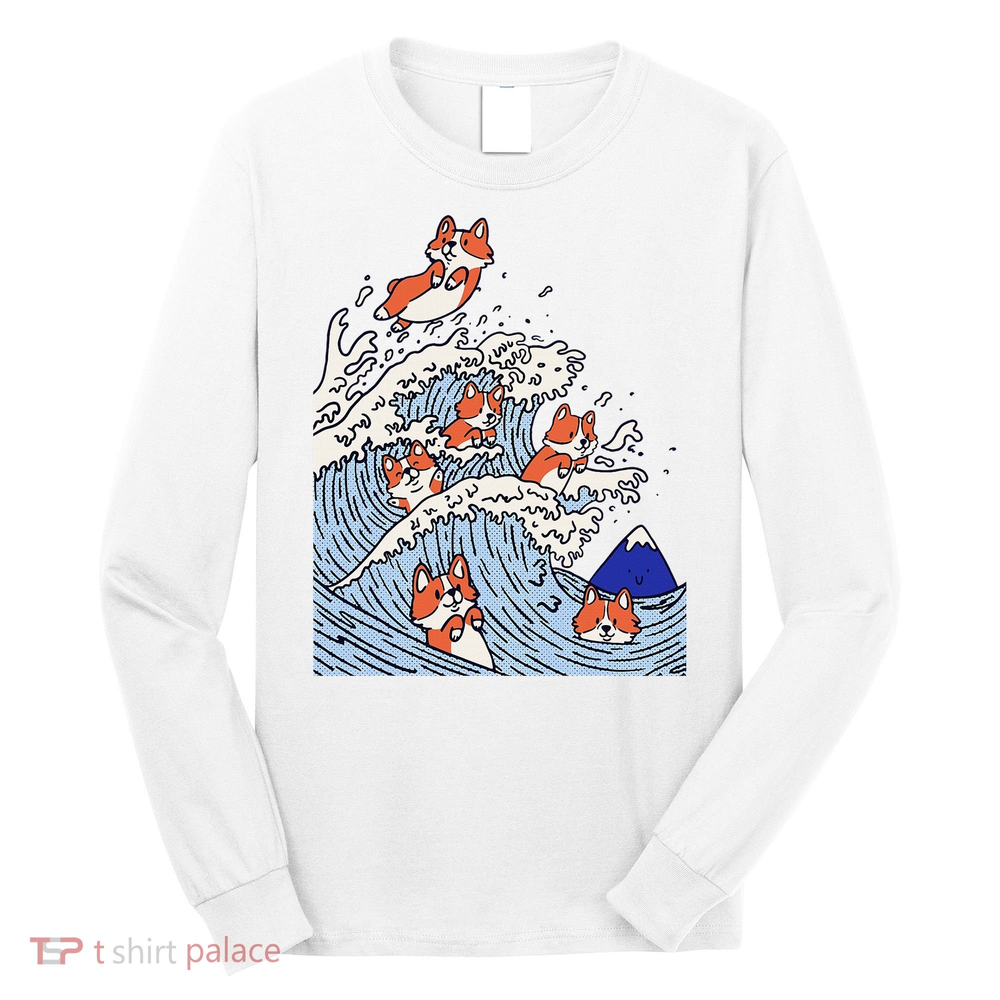 Cute Corgi Wave  Surfing Dogs  Long Sleeve Shirt