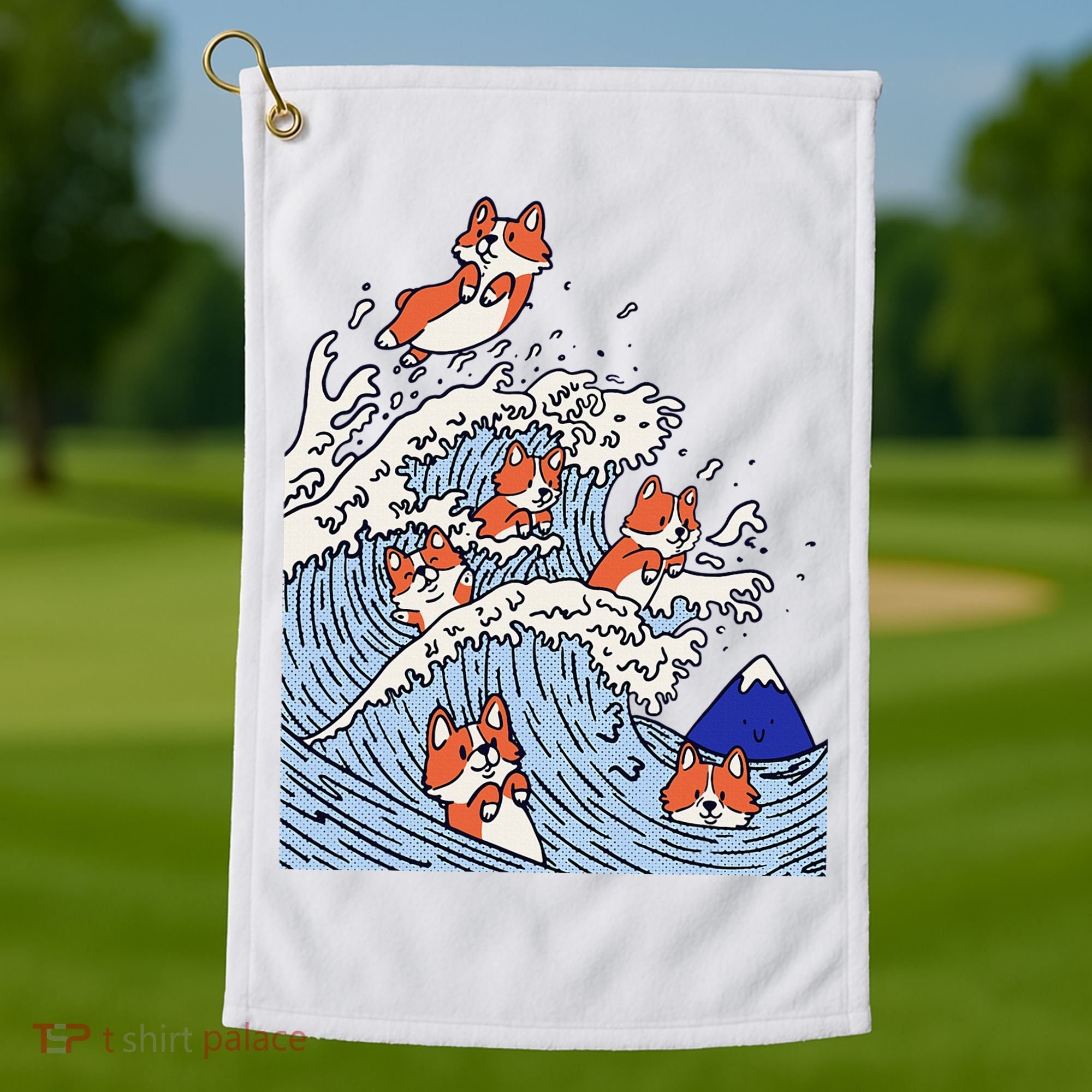 Cute Corgi Wave  Surfing Dogs  Golf Towel