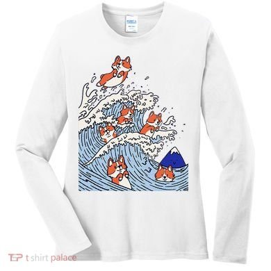 Cute Corgi Wave  Surfing Dogs  Women's Long Sleeve Shirt
