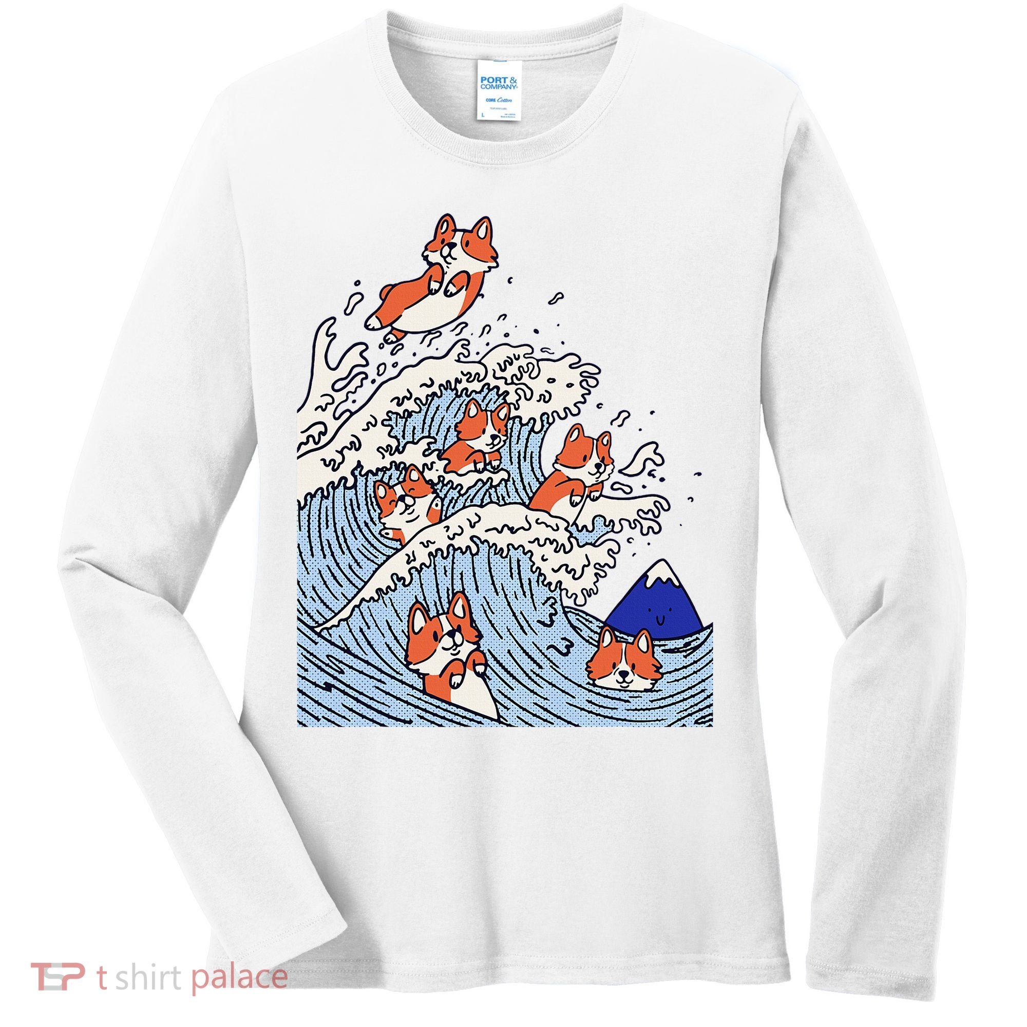 Cute Corgi Wave  Surfing Dogs  Women's Long Sleeve Shirt