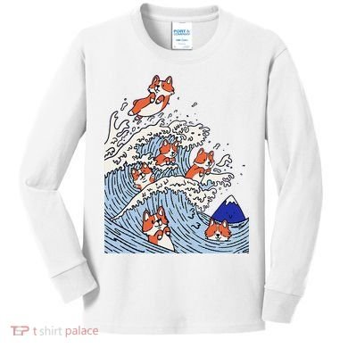 Cute Corgi Wave  Surfing Dogs  Kids Long Sleeve Shirt