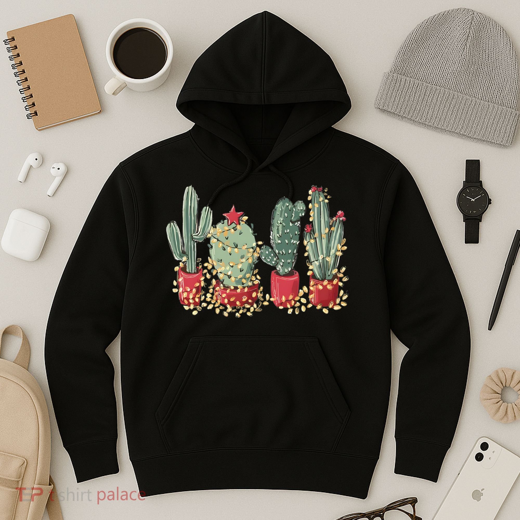 Christmas Cactus With Lights Western Holiday Season Hoodie