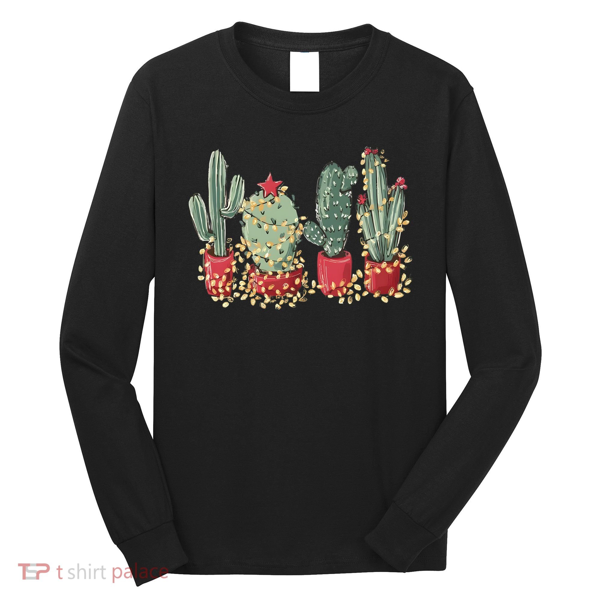 Christmas Cactus With Lights Western Holiday Season Long Sleeve Shirt