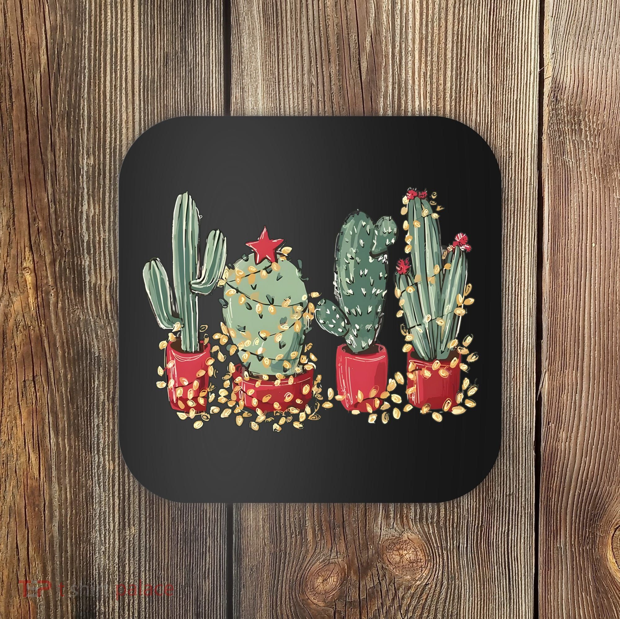 Christmas Cactus With Lights Western Holiday Season Coaster