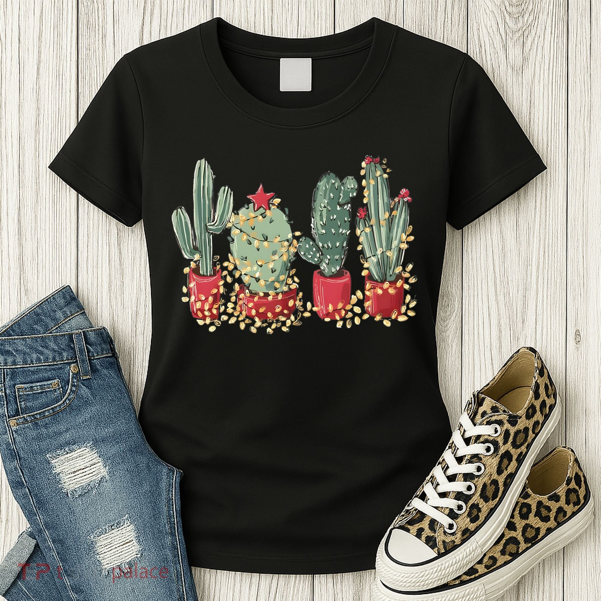 Christmas Cactus With Lights Western Holiday Season Women's T-Shirt