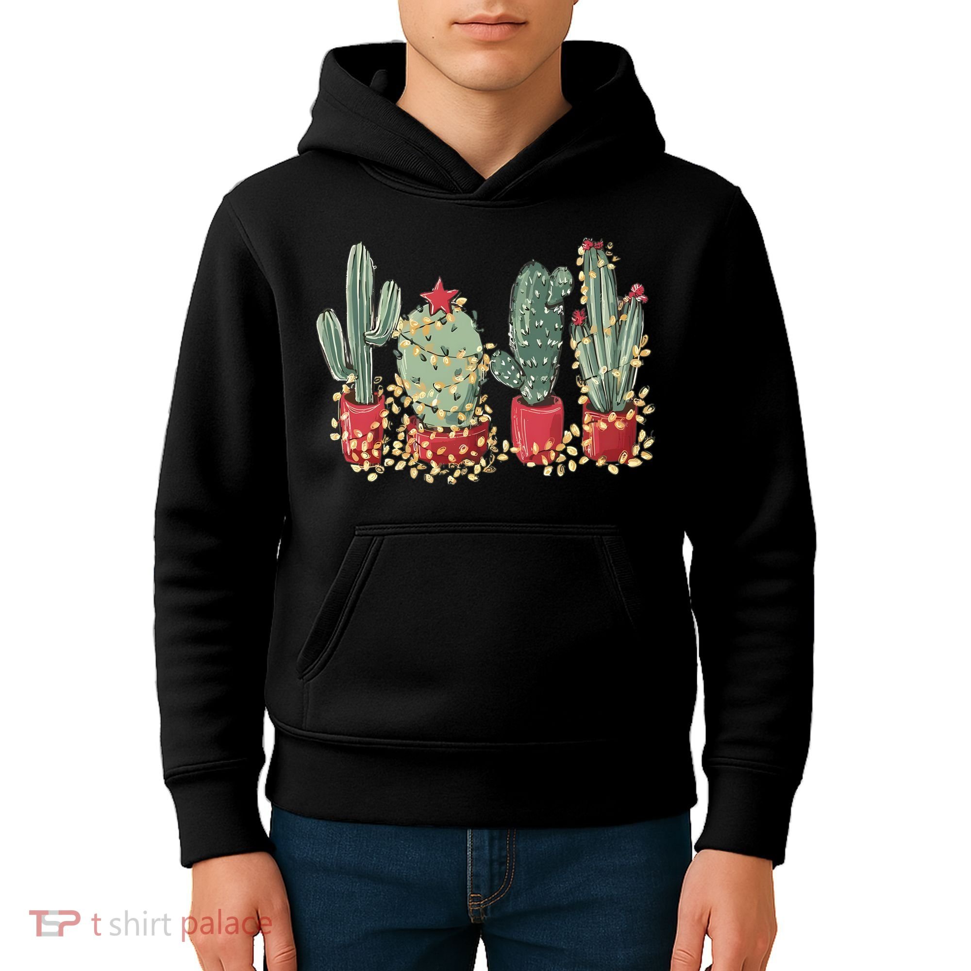 Christmas Cactus With Lights Western Holiday Season Kids Hoodie