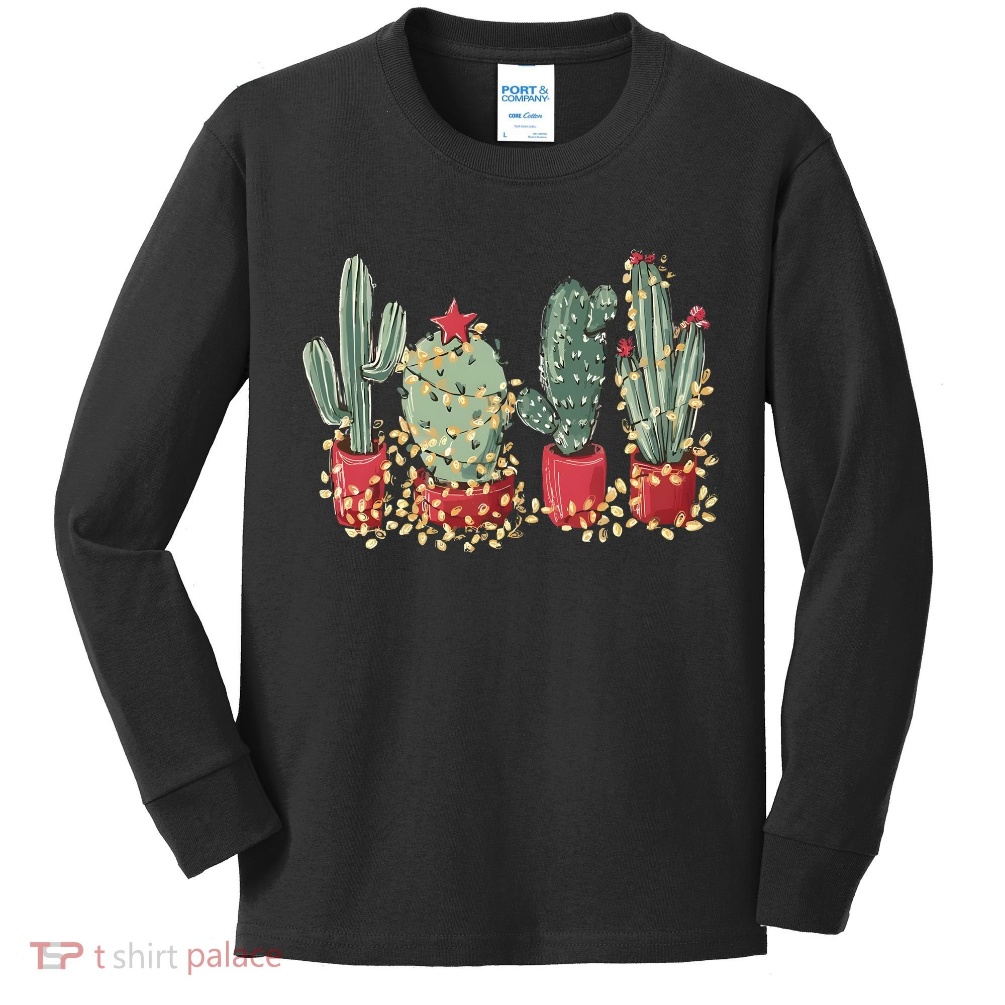 Christmas Cactus With Lights Western Holiday Season Kids Long Sleeve Shirt