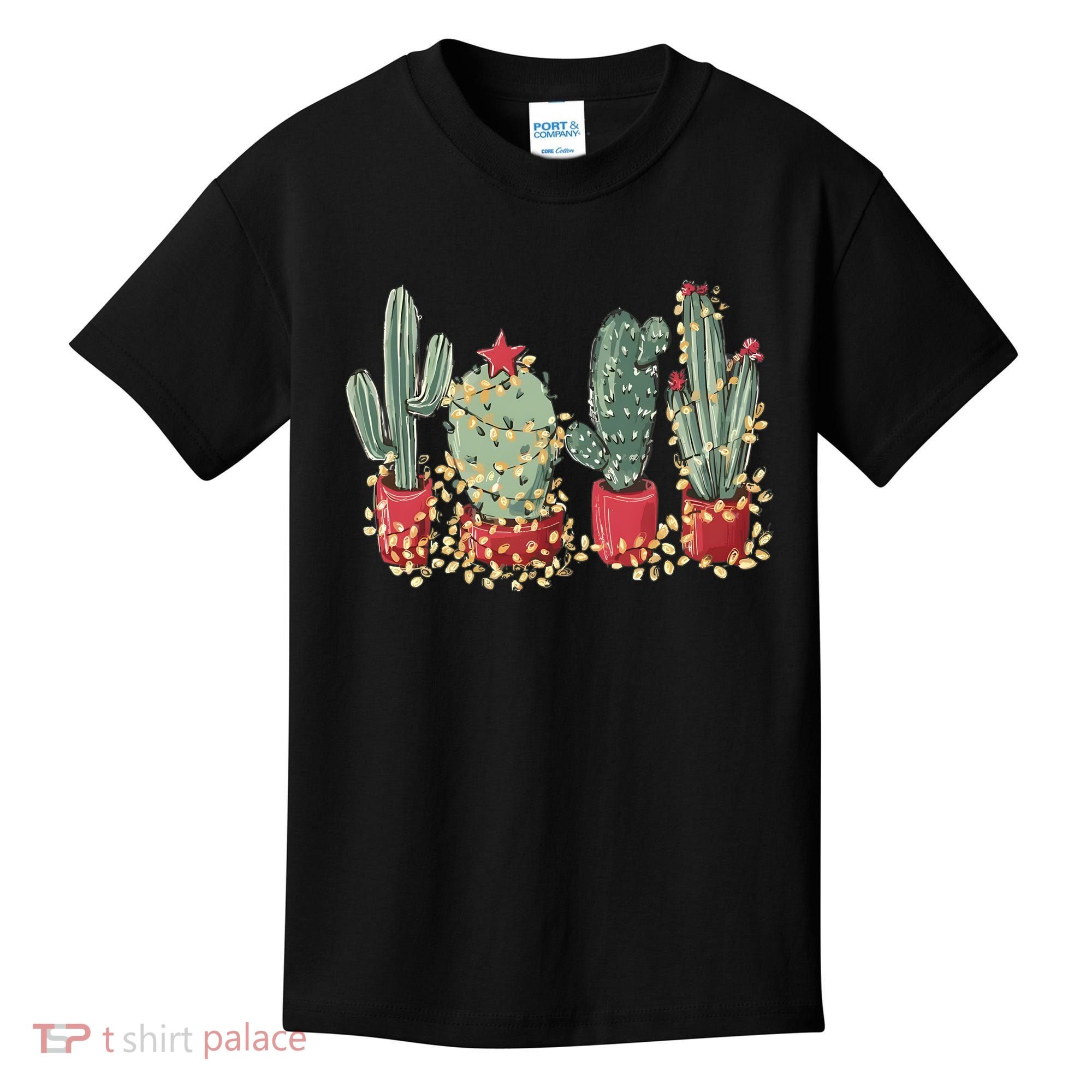 Christmas Cactus With Lights Western Holiday Season Kids T-Shirt