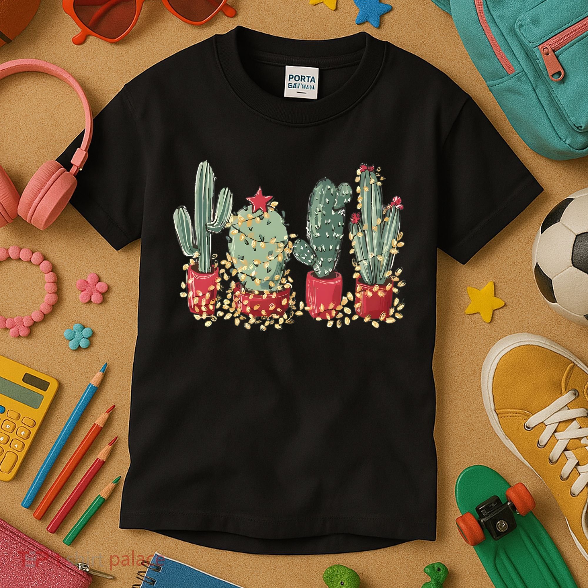 Christmas Cactus With Lights Western Holiday Season Kids T-Shirt