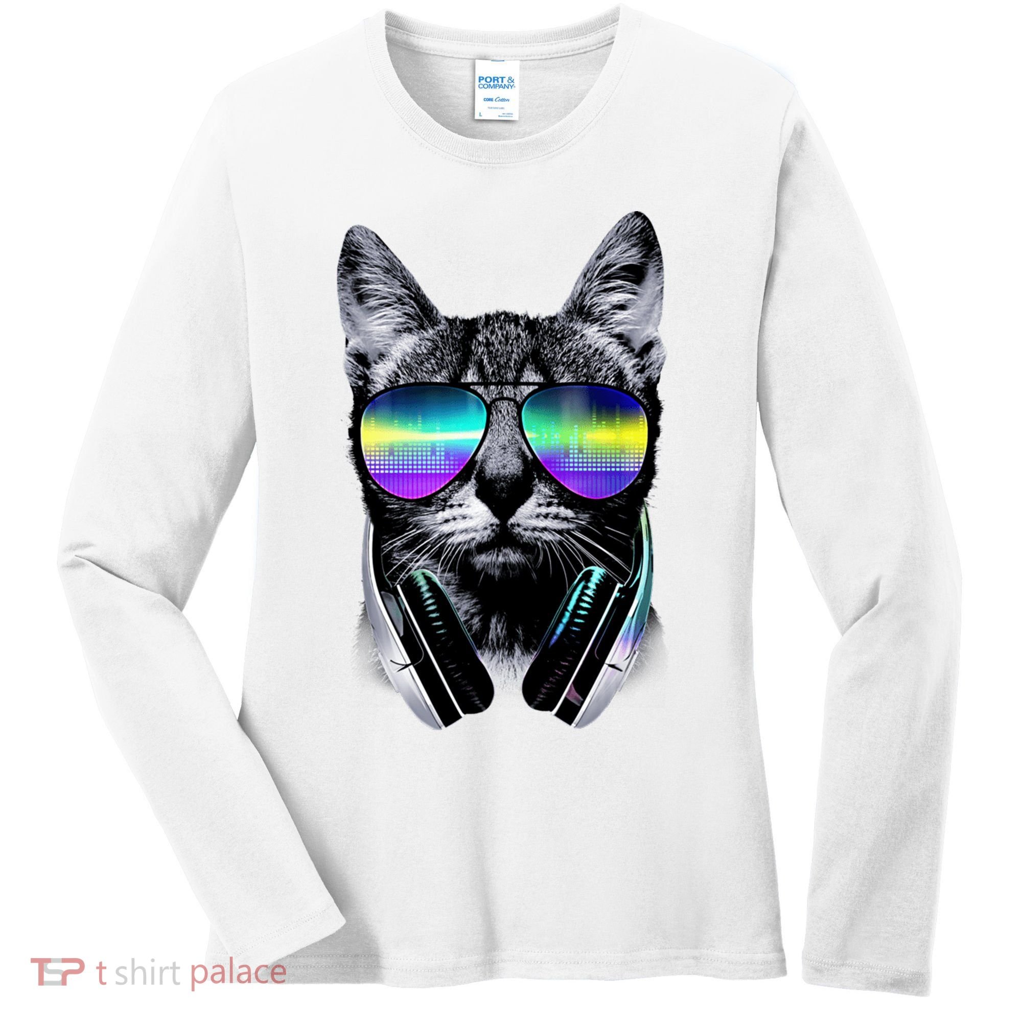 Cool Cat With Sunglasses DJ Retro Style Meme Women's Long Sleeve Shirt