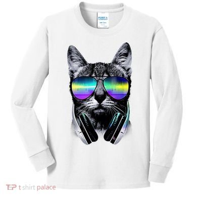 Cool Cat With Sunglasses DJ Retro Style Meme Kids Long Sleeve Shirt