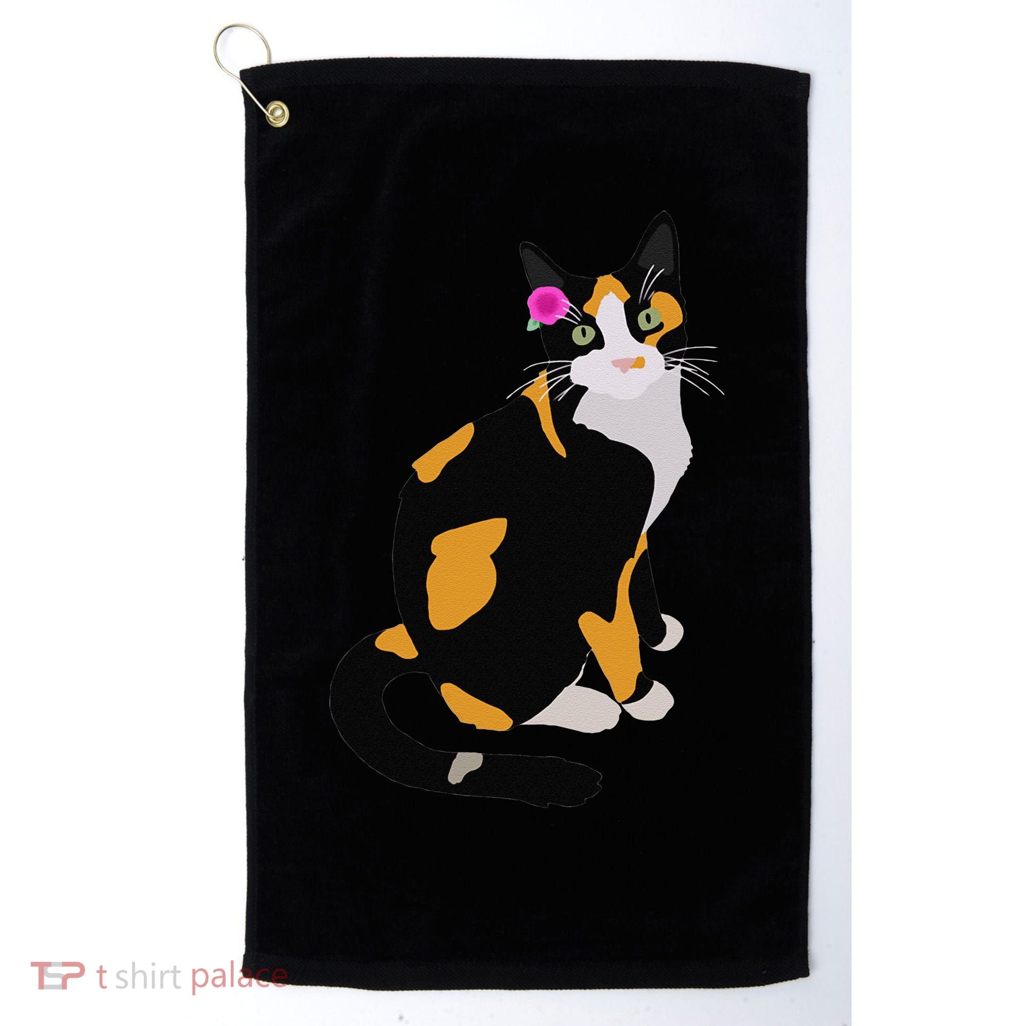Calico Cat With Pink Flower, Calico Mom, Cat Lover Golf Towel