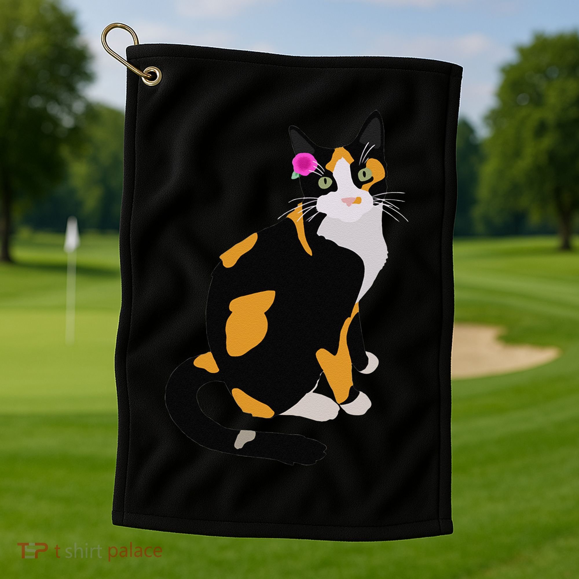 Calico Cat With Pink Flower, Calico Mom, Cat Lover Golf Towel