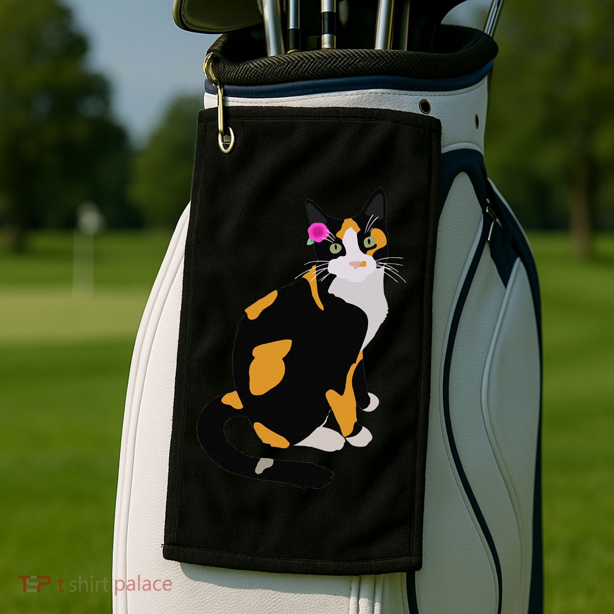 Calico Cat With Pink Flower, Calico Mom, Cat Lover Golf Towel