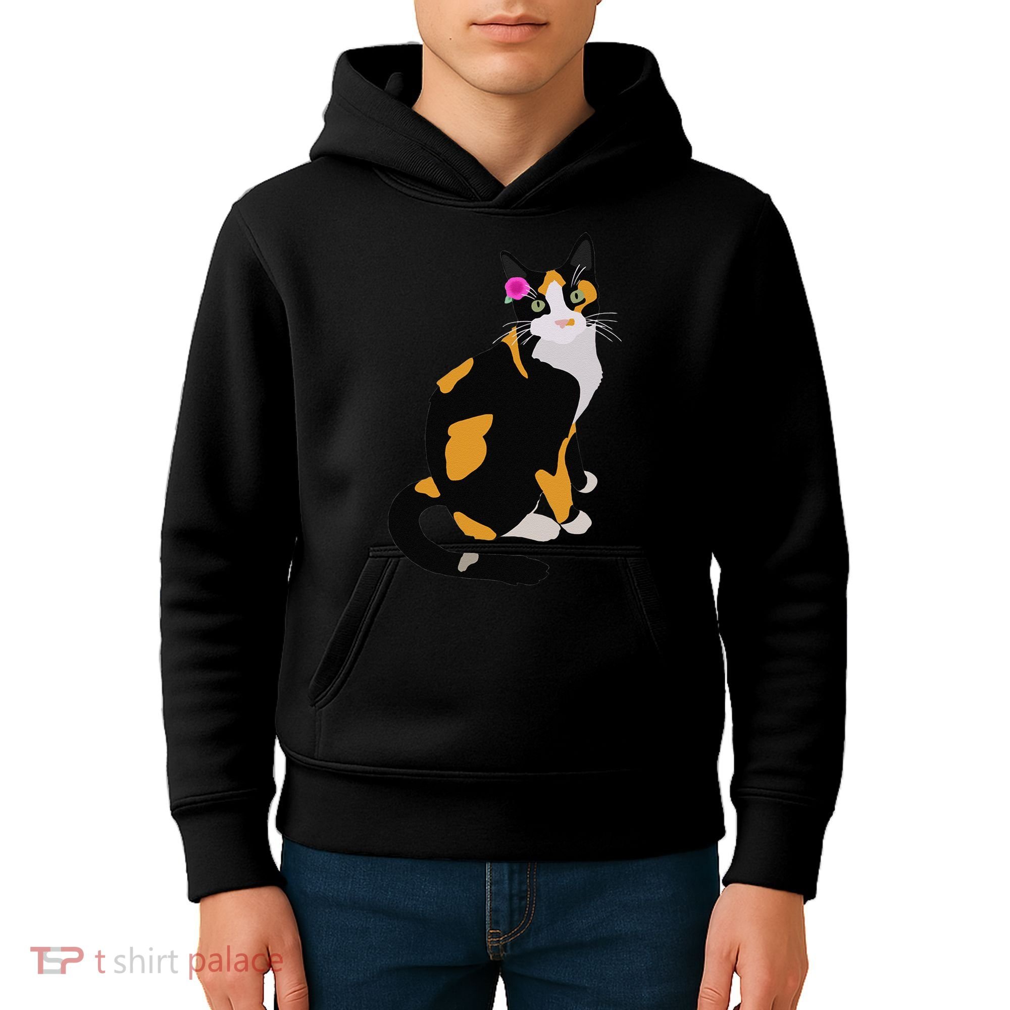 Calico Cat With Pink Flower, Calico Mom, Cat Lover Kids Hoodie