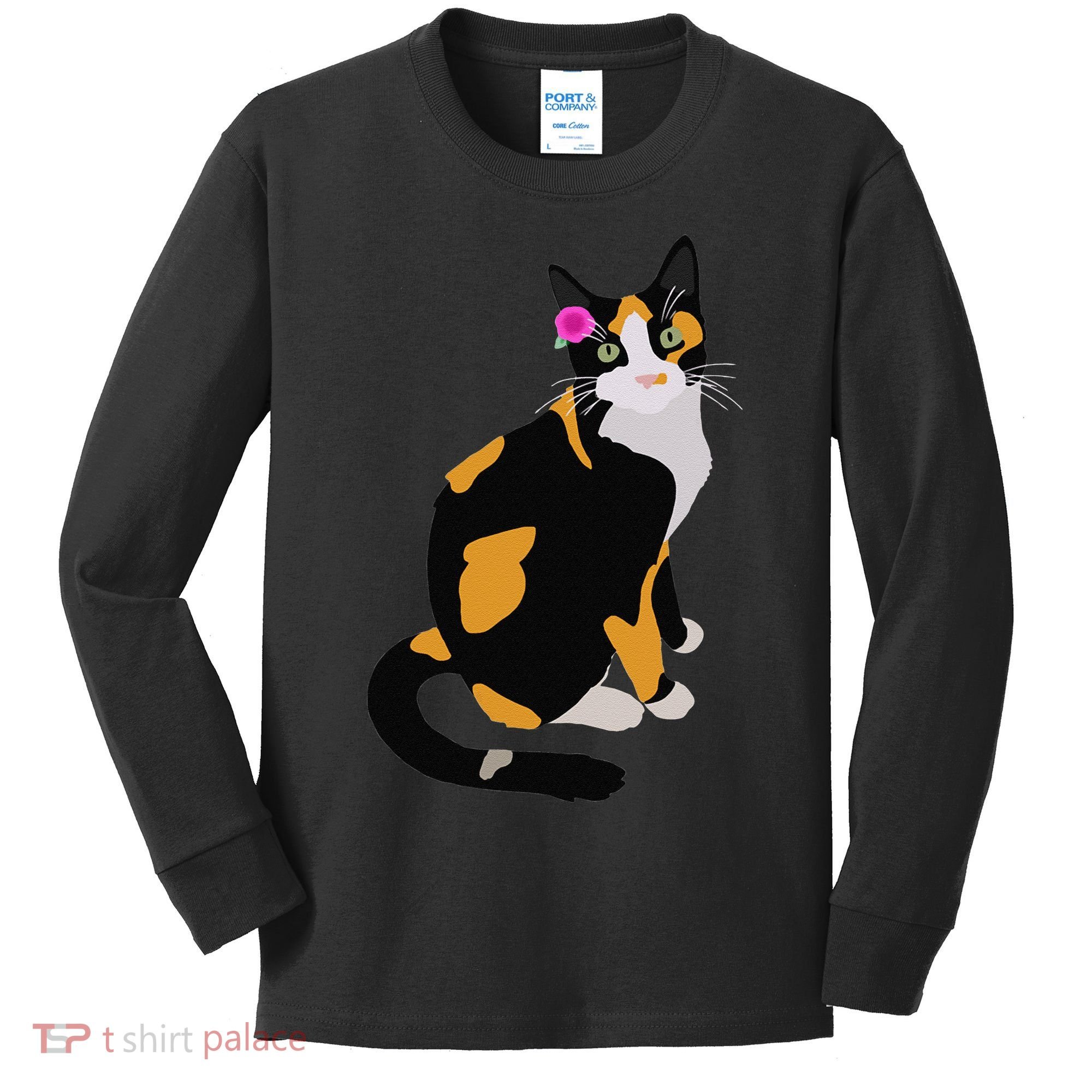 Calico Cat With Pink Flower, Calico Mom, Cat Lover Kids Long Sleeve Shirt