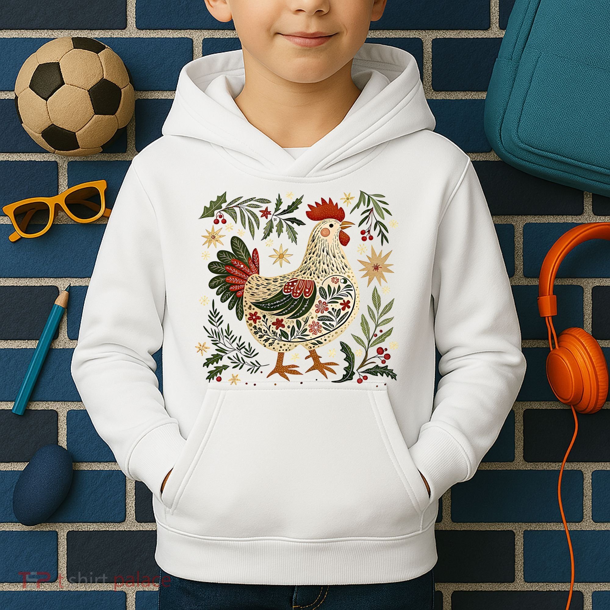 Christmas Chicken Western Floral Kids Hoodie