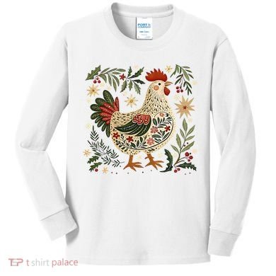 Christmas Chicken Western Floral Kids Long Sleeve Shirt